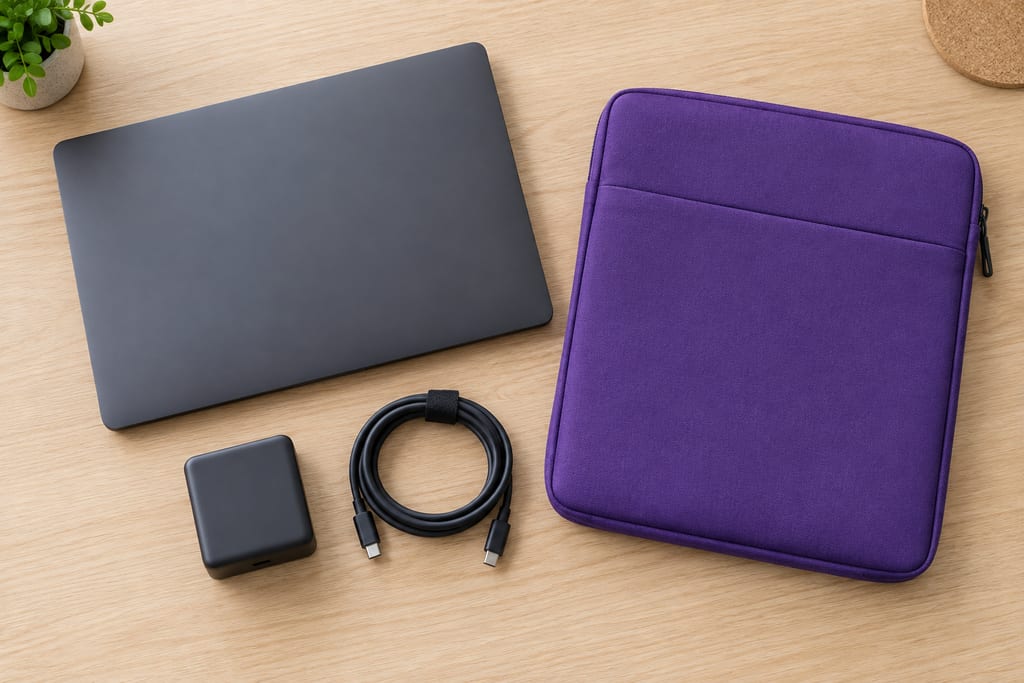 Closed laptop, charger and protective sleeve ready for a repair visit