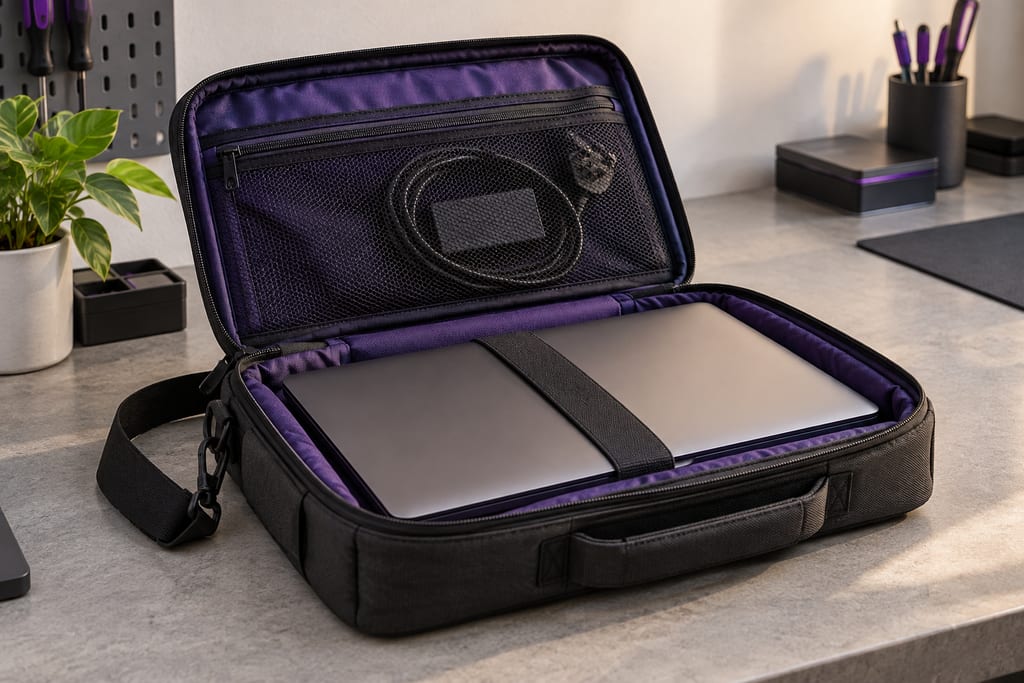 Laptop and charger safely packed for an arranged local visit