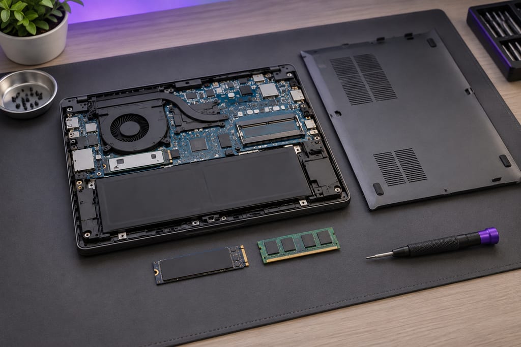 Serviceable laptop upgrade bay with separate SSD and laptop memory