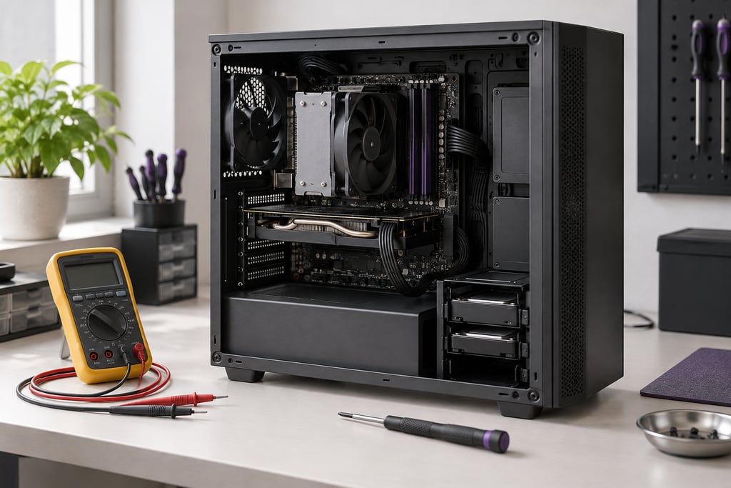 Open desktop computer with components and diagnostic tools