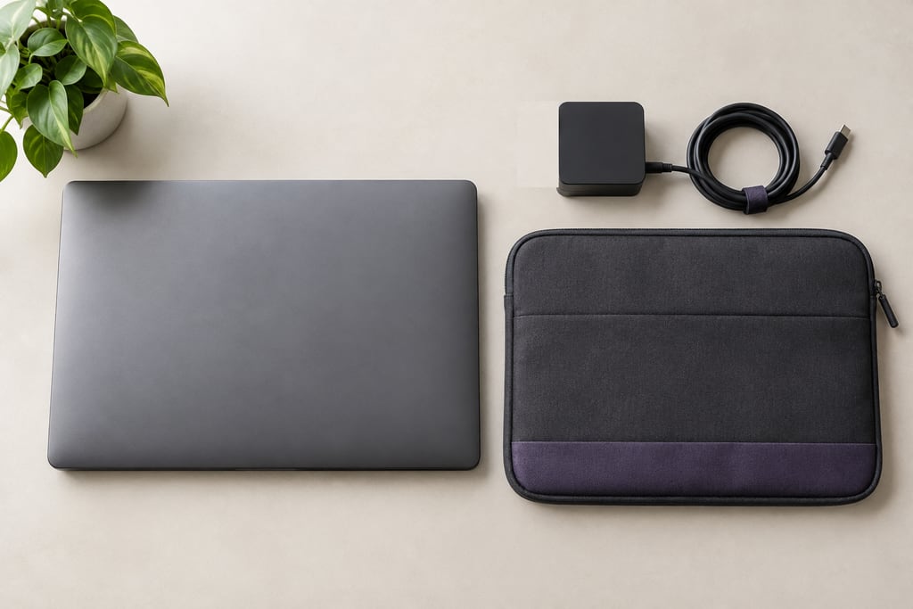 Laptop, charger and padded sleeve arranged together