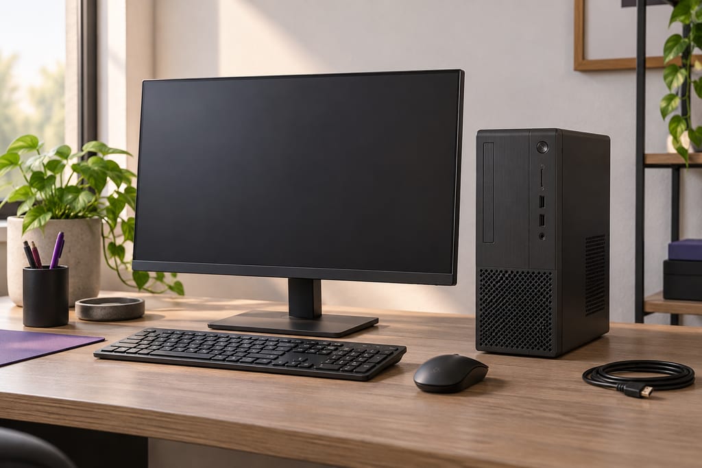 Everyday desktop computer and monitor on a clean neutral desk
