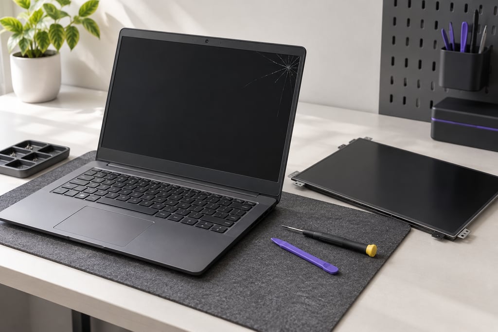 Laptop with a cracked screen and a separate replacement display