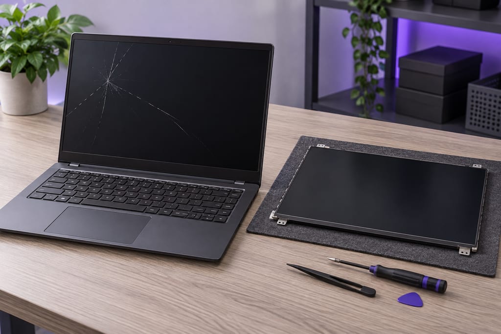 Laptop and a separate replacement display arranged for screen assessment
