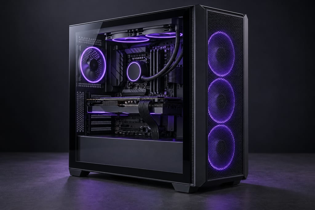 Premium charcoal gaming tower with violet RGB fans and a glass side panel