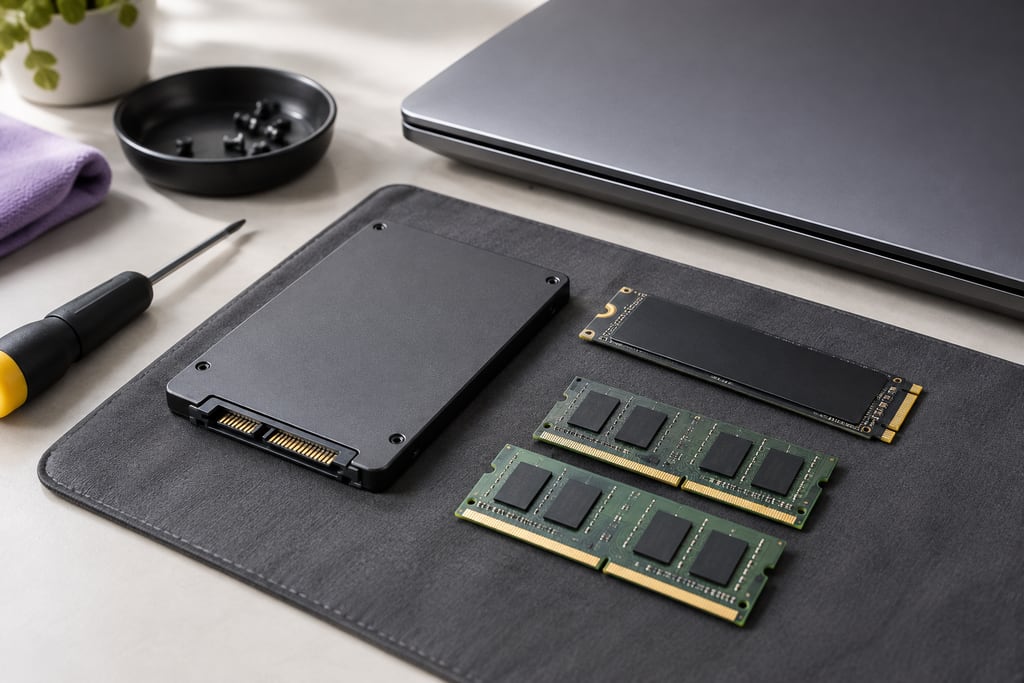 Solid-state drives and memory modules beside a closed laptop