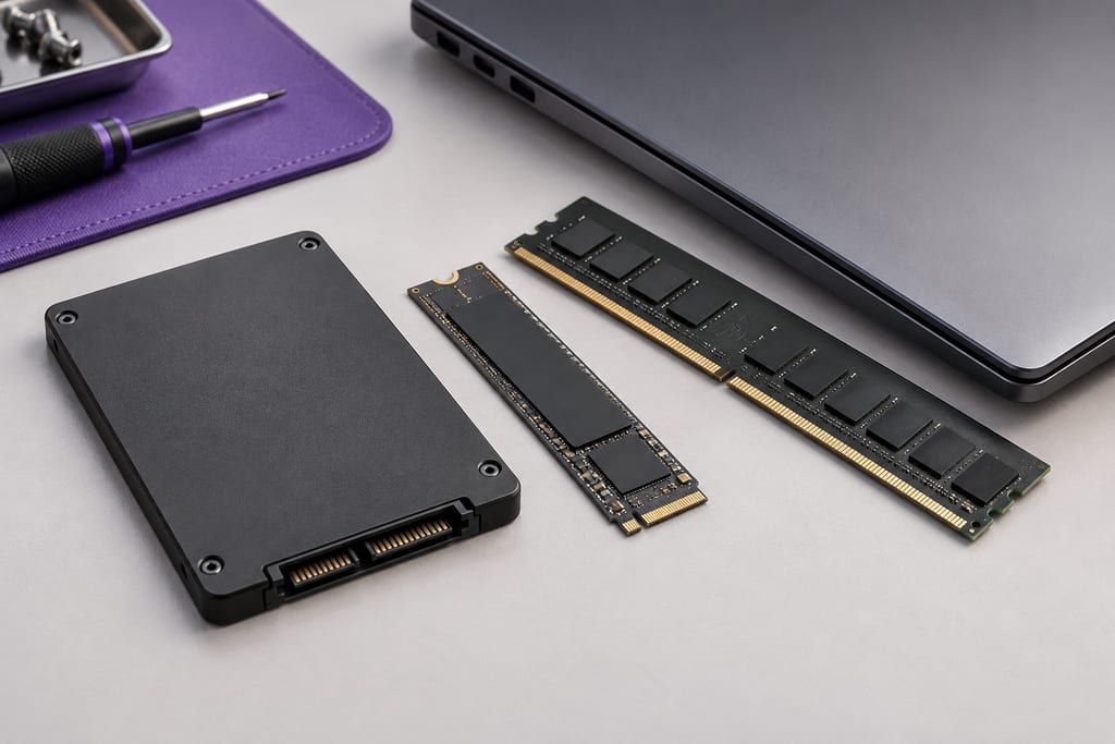 Storage drives and memory modules laid out separately beside a laptop